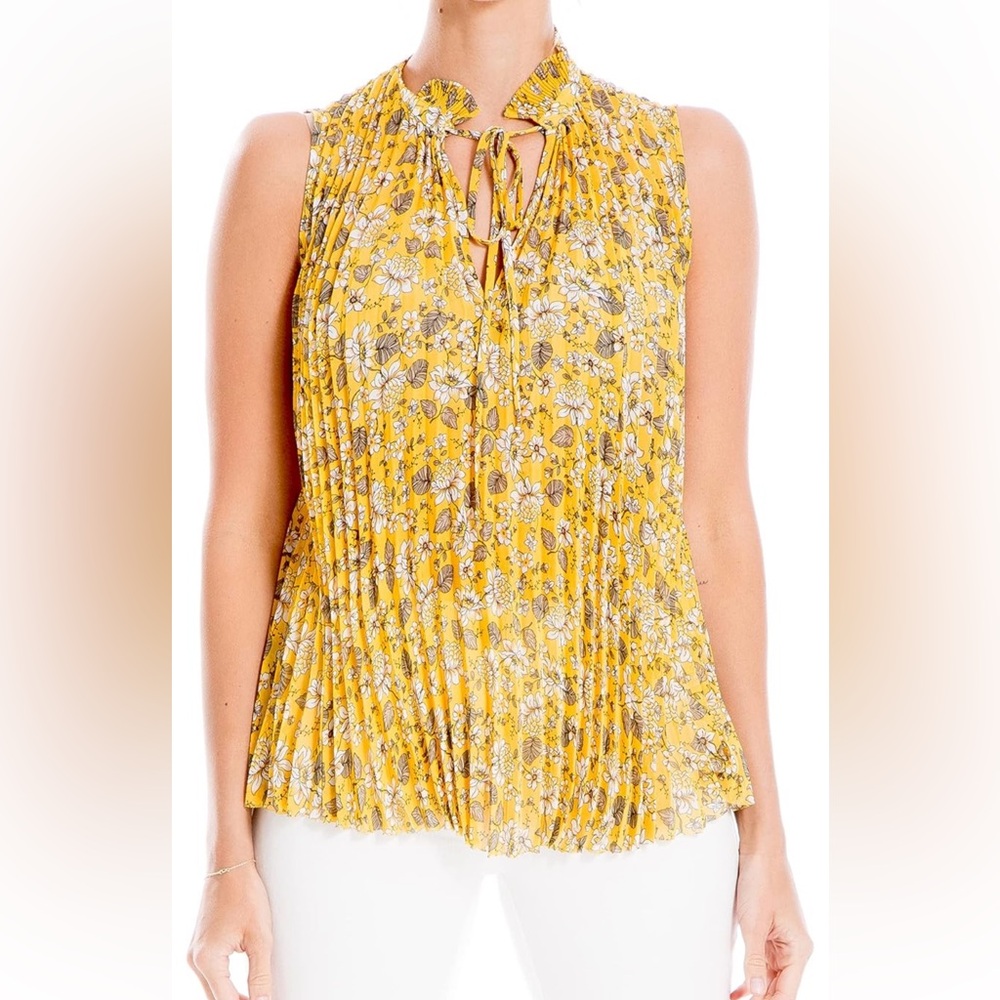 Max Studio Floral Yellow Sleeveless Flowy Top, Tie Neck, Large